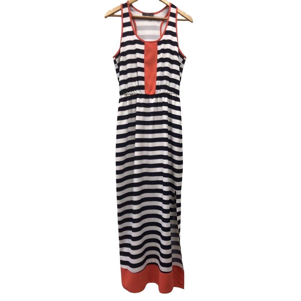 THML Dress Womens Small Maxi White Blue Striped Orange Elastic Waist Lined Slit